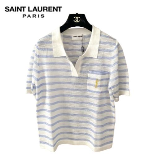 SAINT LAURENT-07266 생 로랑 화이트/블루 스트라이프 폴로 티셔츠 여성용